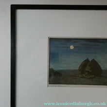 Load image into Gallery viewer, Scottish Colour Woodcut of Two Haystacks in the Moonlight by LCA Brown. Art Deco Print
