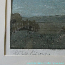 Load image into Gallery viewer, Scottish Colour Woodcut of Two Haystacks in the Moonlight by LCA Brown. Art Deco Print
