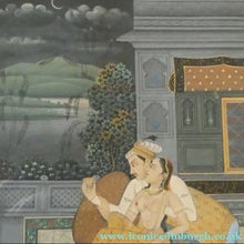 Load image into Gallery viewer, Original Indian Mughal Style Watercolour Painting on Paper. Courting Couple in the Moonlight Relaxing on a Balcony
