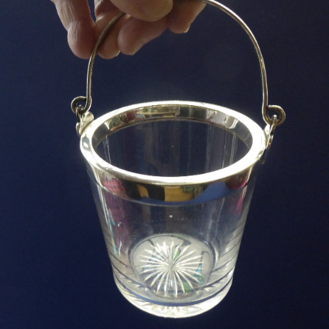 Antique SILVER PLATE Miniature Ice Pail by John Grinsell. English Glass with Plates Rim Mount & Handle