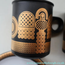 Load image into Gallery viewer, PAIR of 1980s Hornsea MIDAS PATTERN Espresso Cups and Saucers. 22ct Gold on Matt Black
