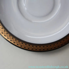 Load image into Gallery viewer, PAIR of 1980s Hornsea MIDAS PATTERN Espresso Cups and Saucers. 22ct Gold on Matt Black
