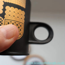 Load image into Gallery viewer, PAIR of 1980s Hornsea MIDAS PATTERN Espresso Cups and Saucers. 22ct Gold on Matt Black
