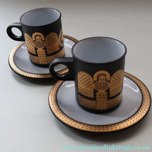Load image into Gallery viewer, PAIR of 1980s Hornsea MIDAS PATTERN Espresso Cups and Saucers. 22ct Gold on Matt Black
