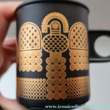 Load image into Gallery viewer, PAIR of 1980s Hornsea MIDAS PATTERN Espresso Cups and Saucers. 22ct Gold on Matt Black
