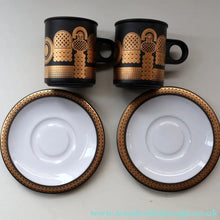Load image into Gallery viewer, PAIR of 1980s Hornsea MIDAS PATTERN Espresso Cups and Saucers. 22ct Gold on Matt Black
