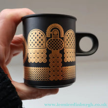 Load image into Gallery viewer, PAIR of 1980s Hornsea MIDAS PATTERN Espresso Cups and Saucers. 22ct Gold on Matt Black
