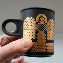 Load image into Gallery viewer, PAIR of 1980s Hornsea MIDAS PATTERN Espresso Cups and Saucers. 22ct Gold on Matt Black
