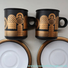 Load image into Gallery viewer, PAIR of 1980s Hornsea MIDAS PATTERN Espresso Cups and Saucers. 22ct Gold on Matt Black

