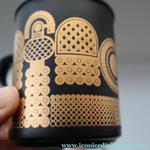 Load image into Gallery viewer, PAIR of 1980s Hornsea MIDAS PATTERN Espresso Cups and Saucers. 22ct Gold on Matt Black
