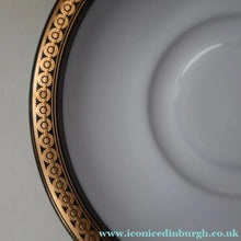 Load image into Gallery viewer, PAIR of 1980s Hornsea MIDAS PATTERN Espresso Cups and Saucers. 22ct Gold on Matt Black
