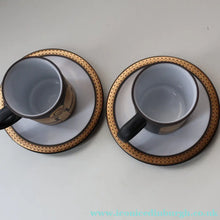 Load image into Gallery viewer, PAIR of 1980s Hornsea MIDAS PATTERN Espresso Cups and Saucers. 22ct Gold on Matt Black
