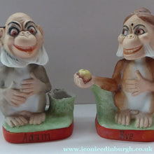 Load image into Gallery viewer, Antique PAIR of Miniature Bisque Porcelain Figures by Schafer &amp; Vater.  Darwin's Theory of Evolution Model. Adam and Eve as Monkeys
