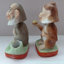 Load image into Gallery viewer, Antique PAIR of Miniature Bisque Porcelain Figures by Schafer &amp; Vater.  Darwin's Theory of Evolution Model. Adam and Eve as Monkeys
