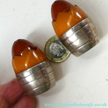 Load image into Gallery viewer, Pair of Vintage 1930s Amber Bakelite and Silver Art Deco Novelty Pepper Pots
