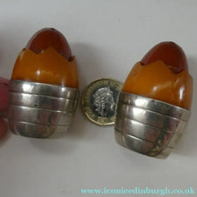 Load image into Gallery viewer, Pair of Vintage 1930s Amber Bakelite and Silver Art Deco Novelty Pepper Pots

