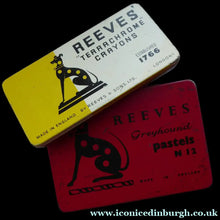 Load image into Gallery viewer, PAIR of Art Deco Style 1950s REEVES GREYOUND Pastel Tins &amp; Some Contents
