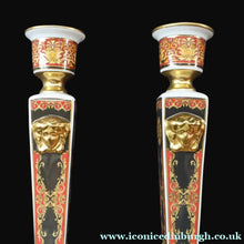 Load image into Gallery viewer, PAIR of Decorative Rosenthal VERSACE MEDUSA Candlesticks. 8 1/4 inches
