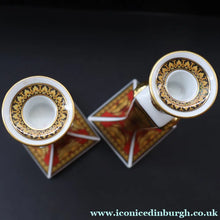 Load image into Gallery viewer, PAIR of Decorative Rosenthal VERSACE MEDUSA Candlesticks. 8 1/4 inches
