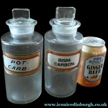 Load image into Gallery viewer, PAIR OF Larger Antique Clear Glass Chemist Bottles with Original Foil Labels and Lozenge Stoppers
