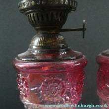 Load image into Gallery viewer, Pair of Miniature VICTORIAN Cranberry and Opaline White Milk Glass Miniature Oil or Kerosene Lamps
