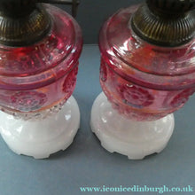 Load image into Gallery viewer, Pair of Miniature VICTORIAN Cranberry and Opaline White Milk Glass Miniature Oil or Kerosene Lamps
