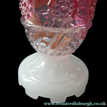 Load image into Gallery viewer, Pair of Miniature VICTORIAN Cranberry and Opaline White Milk Glass Miniature Oil or Kerosene Lamps

