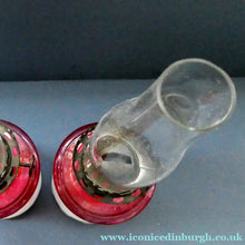 Load image into Gallery viewer, Pair of Miniature VICTORIAN Cranberry and Opaline White Milk Glass Miniature Oil or Kerosene Lamps
