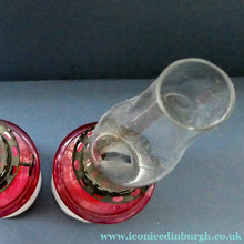 Load image into Gallery viewer, Pair of Miniature VICTORIAN Cranberry and Opaline White Milk Glass Miniature Oil or Kerosene Lamps
