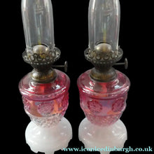 Load image into Gallery viewer, Pair of Miniature VICTORIAN Cranberry and Opaline White Milk Glass Miniature Oil or Kerosene Lamps

