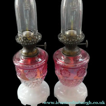 Load image into Gallery viewer, Pair of Miniature VICTORIAN Cranberry and Opaline White Milk Glass Miniature Oil or Kerosene Lamps
