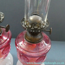 Load image into Gallery viewer, Pair of Miniature VICTORIAN Cranberry and Opaline White Milk Glass Miniature Oil or Kerosene Lamps
