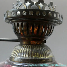 Load image into Gallery viewer, Pair of Miniature VICTORIAN Cranberry and Opaline White Milk Glass Miniature Oil or Kerosene Lamps
