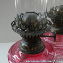Load image into Gallery viewer, Pair of Miniature VICTORIAN Cranberry and Opaline White Milk Glass Miniature Oil or Kerosene Lamps
