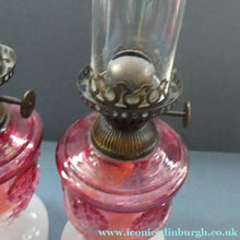 Load image into Gallery viewer, Pair of Miniature VICTORIAN Cranberry and Opaline White Milk Glass Miniature Oil or Kerosene Lamps

