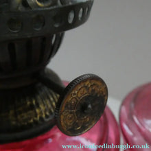 Load image into Gallery viewer, Pair of Miniature VICTORIAN Cranberry and Opaline White Milk Glass Miniature Oil or Kerosene Lamps
