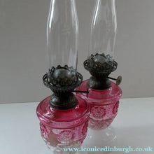 Load image into Gallery viewer, Pair of Miniature VICTORIAN Cranberry and Opaline White Milk Glass Miniature Oil or Kerosene Lamps

