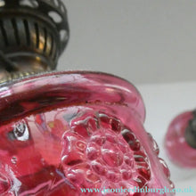 Load image into Gallery viewer, Pair of Miniature VICTORIAN Cranberry and Opaline White Milk Glass Miniature Oil or Kerosene Lamps
