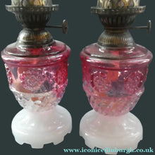 Load image into Gallery viewer, Pair of Miniature VICTORIAN Cranberry and Opaline White Milk Glass Miniature Oil or Kerosene Lamps
