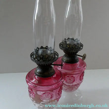 Load image into Gallery viewer, Pair of Miniature VICTORIAN Cranberry and Opaline White Milk Glass Miniature Oil or Kerosene Lamps
