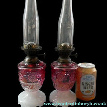 Load image into Gallery viewer, Pair of Miniature VICTORIAN Cranberry and Opaline White Milk Glass Miniature Oil or Kerosene Lamps
