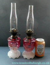 Load image into Gallery viewer, Pair of Miniature VICTORIAN Cranberry and Opaline White Milk Glass Miniature Oil or Kerosene Lamps
