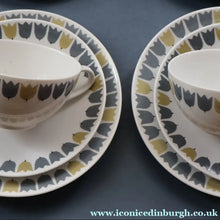Load image into Gallery viewer, PAIR OF RARE Vintage 1950s MARIANNE WESTMAN Trio Large Coffee Cup, Saucer and Side Plate by Rörstrand Sweden. "PARTY" Pattern
