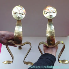 Load image into Gallery viewer, Pair of VICTORIAN Brass Andirons or Fire Dogs. Strange Art Nouveau / Arts &amp; Crafts Undulating Shape
