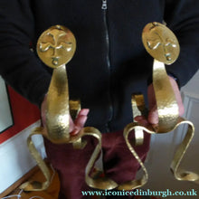 Load image into Gallery viewer, Pair of VICTORIAN Brass Andirons or Fire Dogs. Strange Art Nouveau / Arts &amp; Crafts Undulating Shape
