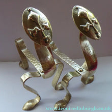 Load image into Gallery viewer, Pair of VICTORIAN Brass Andirons or Fire Dogs. Strange Art Nouveau / Arts &amp; Crafts Undulating Shape
