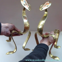 Load image into Gallery viewer, Pair of VICTORIAN Brass Andirons or Fire Dogs. Strange Art Nouveau / Arts &amp; Crafts Undulating Shape
