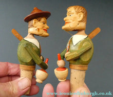 Load image into Gallery viewer, PAIR of Vintage Mid-Century Italiam ANRI Articulated Wooden Bottle Stoppers. - Vintage Bottle Stopper
