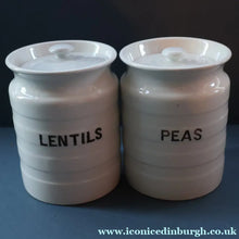Load image into Gallery viewer, PAIR: Two Vintage Grimwades Style White Hooped Household Jars or Canisters LENTILS &amp; PEAS (black letters)
