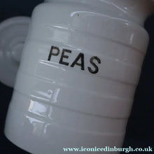 Load image into Gallery viewer, PAIR: Two Vintage Grimwades Style White Hooped Household Jars or Canisters LENTILS &amp; PEAS (black letters)
